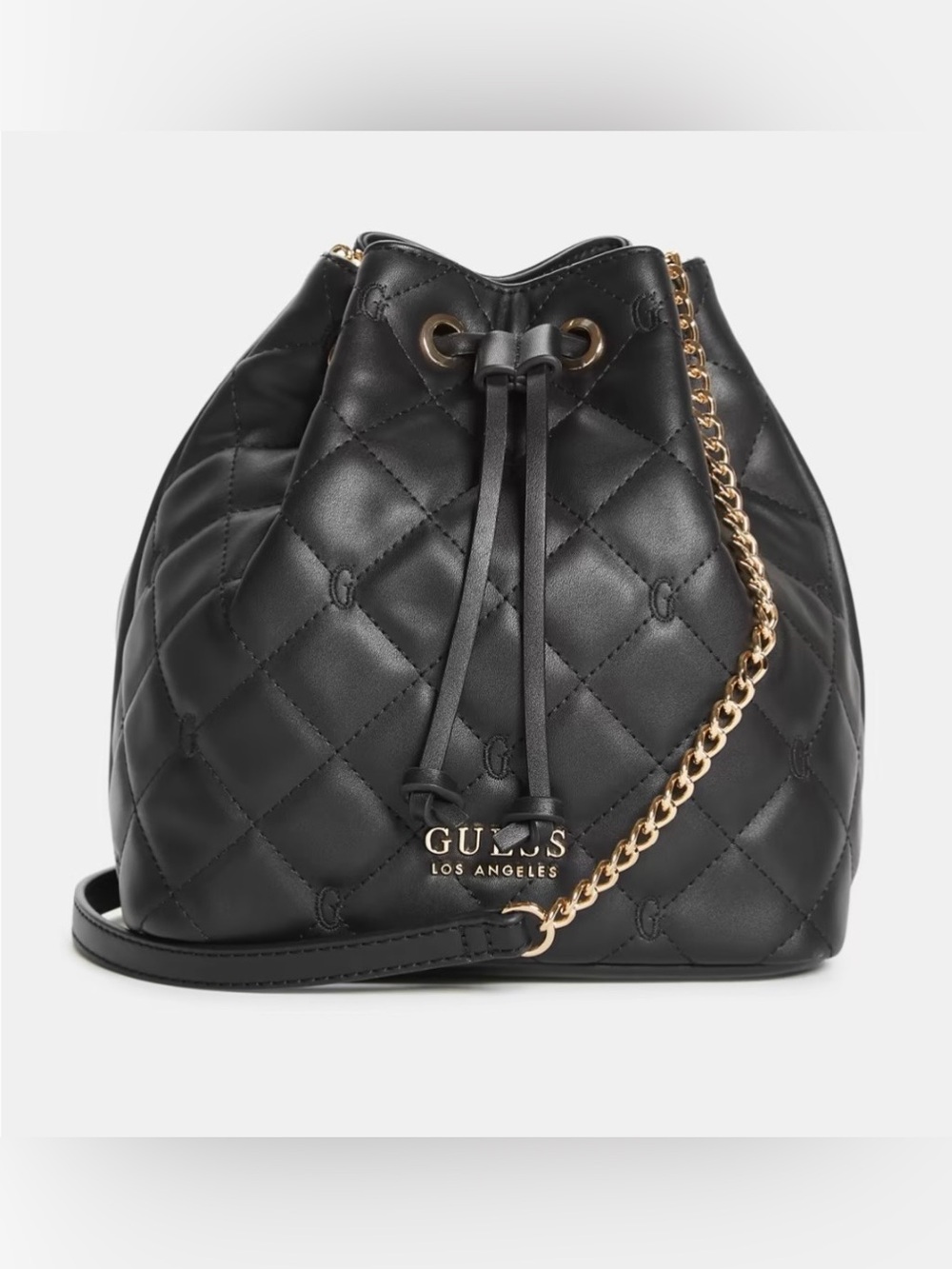 GUESS Black Quilted Drawstring Crossbody with Gold Chain